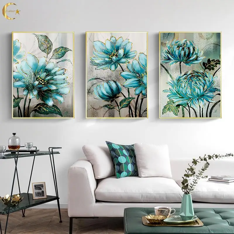 

Abstract Blue Flower Canvas Painting Modern Scandinavian Wall Art Picture for Living Room Fashion Gold Poster for Home Decor