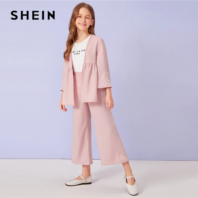 SHEIN Kiddie/розовое пальто с манжетами и широкими штанинами для девочек, комплект детской одежды г., Осенний повседневный костюм с длинными рукавами и оборками