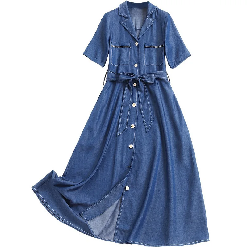 

2020 New Fashion Summer Notched Collar Long Solid Denim Dress Women Slim Casual Tide High Street Vestidos Female