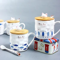 cartoon cat and fish ceramic mug with lid spoon handle cup japanese coffee milk water tea cups creative gift thermal mugs cute