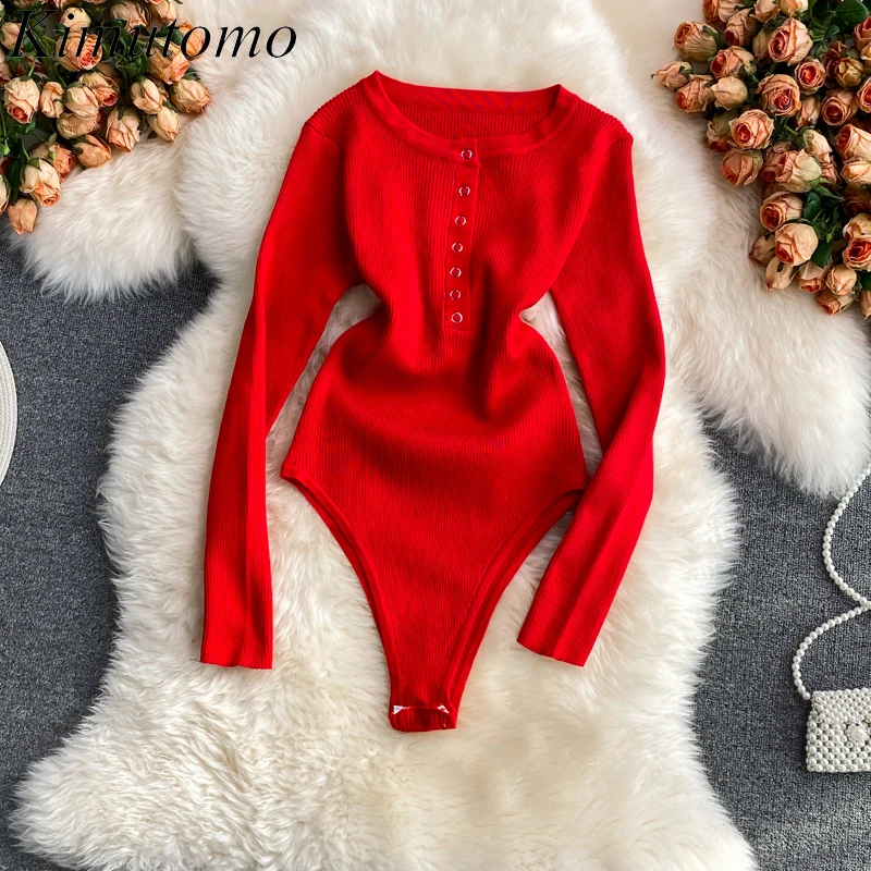 

Kimutomo Retro Fashion Bodysuits 2021 Autumn New O Neck One-piece Single-breasted Slim Solid Color Long-sleeved Women Top
