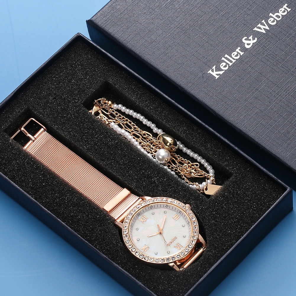 

Women Exquisite Watch Gift Set Rose Golden Quartz White Dial Watch Mesh Band Ladies Bracelet Birthday Gifts for Wife Daughter