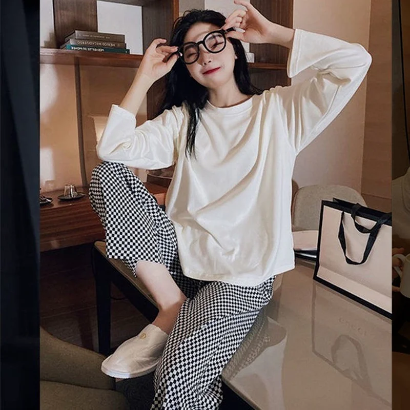 QWEEK Korean Style Plaid Pant Sleepwear Women White Top Pajamas Brief Female Set Pijamas Autumn Long Sleeve Loungewear Pyjamas