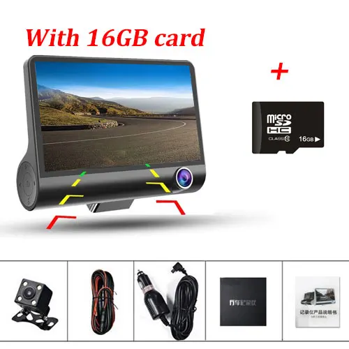 With 16GB Card Podofo Dash Cam 3 Камера s объектив Видеорегистраторы для автомобилей 4 дюйма ЖК-дисплей Экран 170 градусов с зеркалом заднего вида Камера Автомобильный видеорегистратор g-датчик тире камера - Название цвета: With 16GB Card