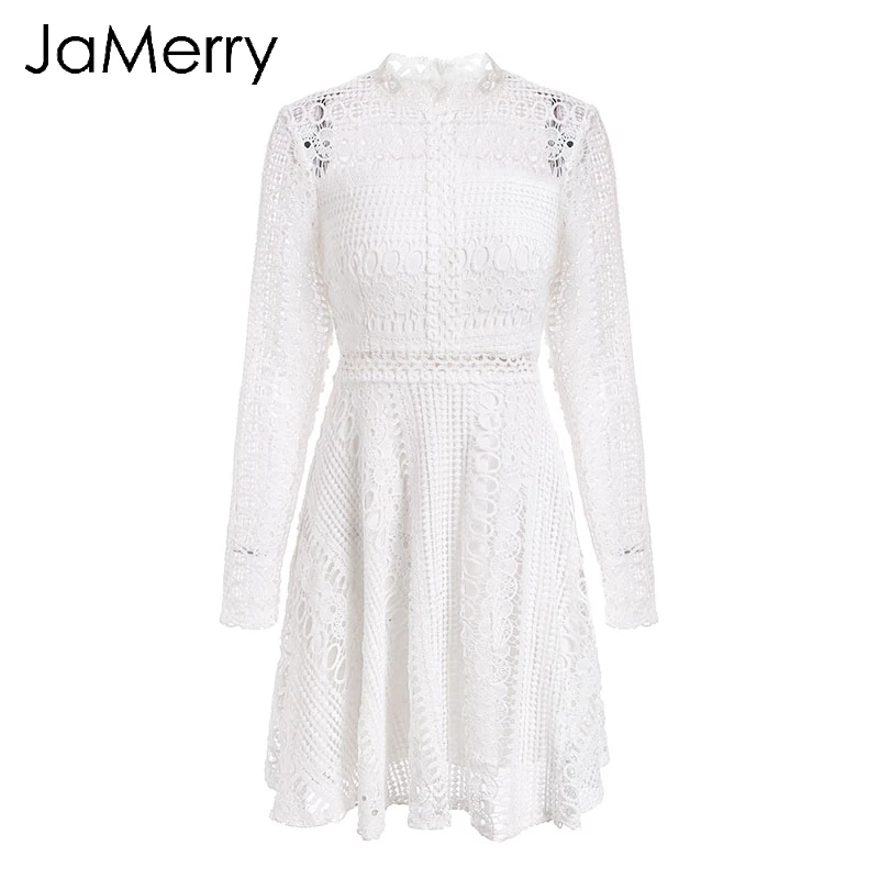 Женское кружевное платье JaMerry осенне зимнее с высокой талией и круглым вырезом