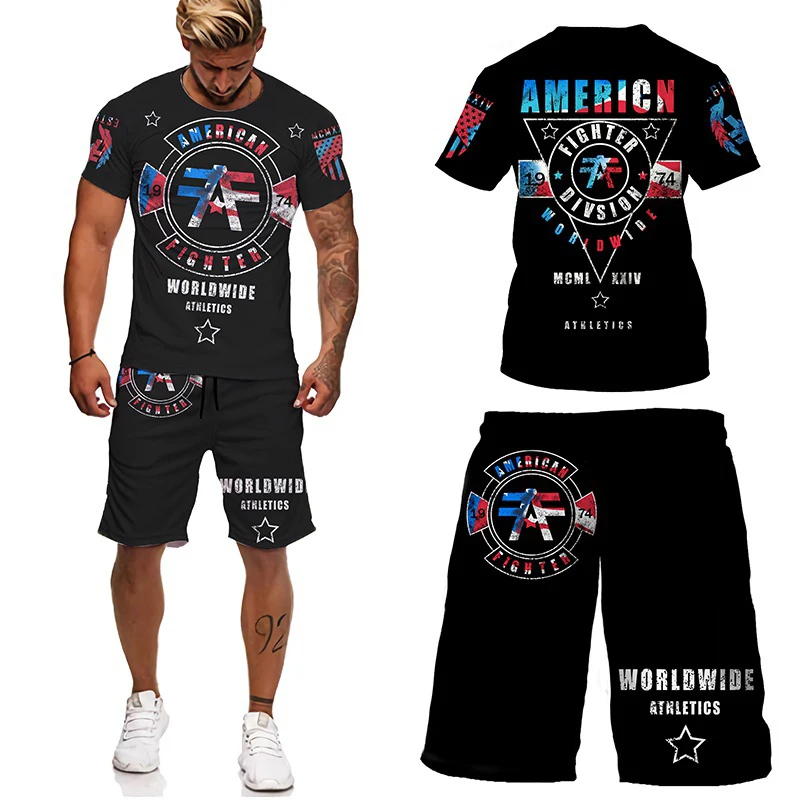 

2021 Summer Men's 3d Printed Sportswear Casual Shorts Suit Men's Sports Suit T-shirt + Shorts 2-piece Summer Beach Sports Suit