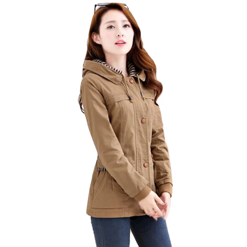 

NEW Women Trench Coats Spring Autumn Outerwear Long Sleeve Hooded Windbreaker Slim Big Size Casual Tops Female Basic Coat K343