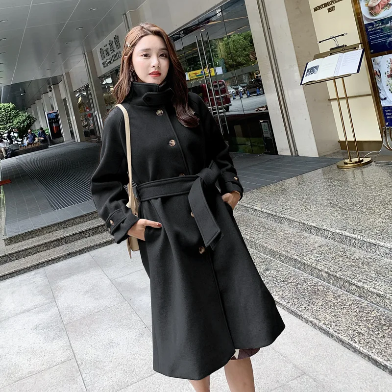 

Winter 2021 Korean Women's Fashion Solid Turtleneck Woolen Coat Tweed Jacket Bandage Medium Length Female Overcoat Spring