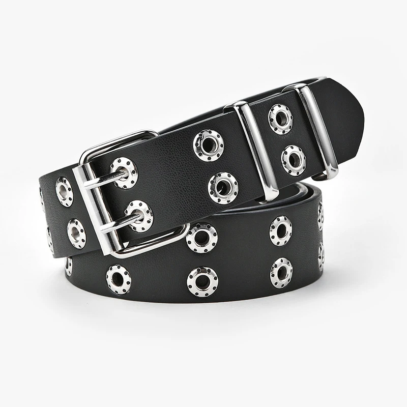 

Fashion Harajuku Women Punk Chain Belt Adjustable Black Double/Single Eyelet Grommet Metal Buckle Leather Waistband For Jeans