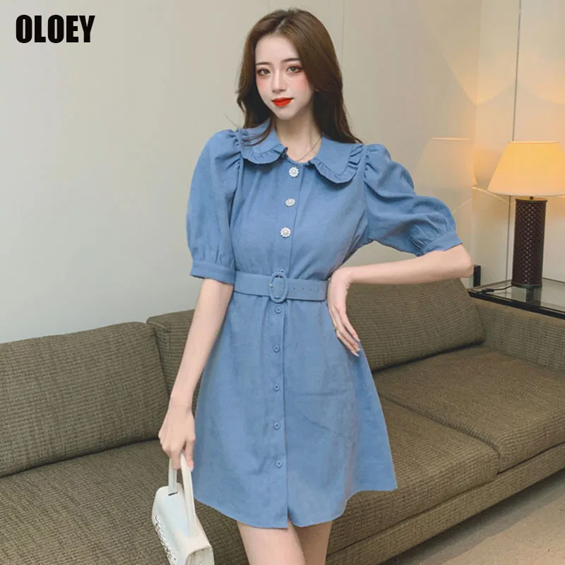 

French Vintage Sweet Doll Collar Dress Women 2021 Summer Slim Puff Sleeve Denim Blue Dress One Piece Single Breasted Mini Dress