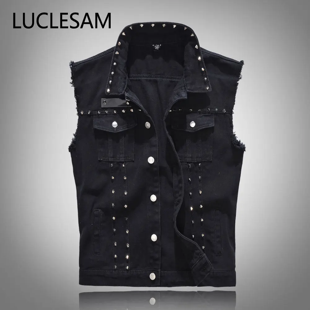 

Punk Rock Male Rivet Denim Vest Fashion Slim Fit Mens Moto Waistcoat Multi Pocket Washed Cowboy Sleeveless Jacket Men Streetwear