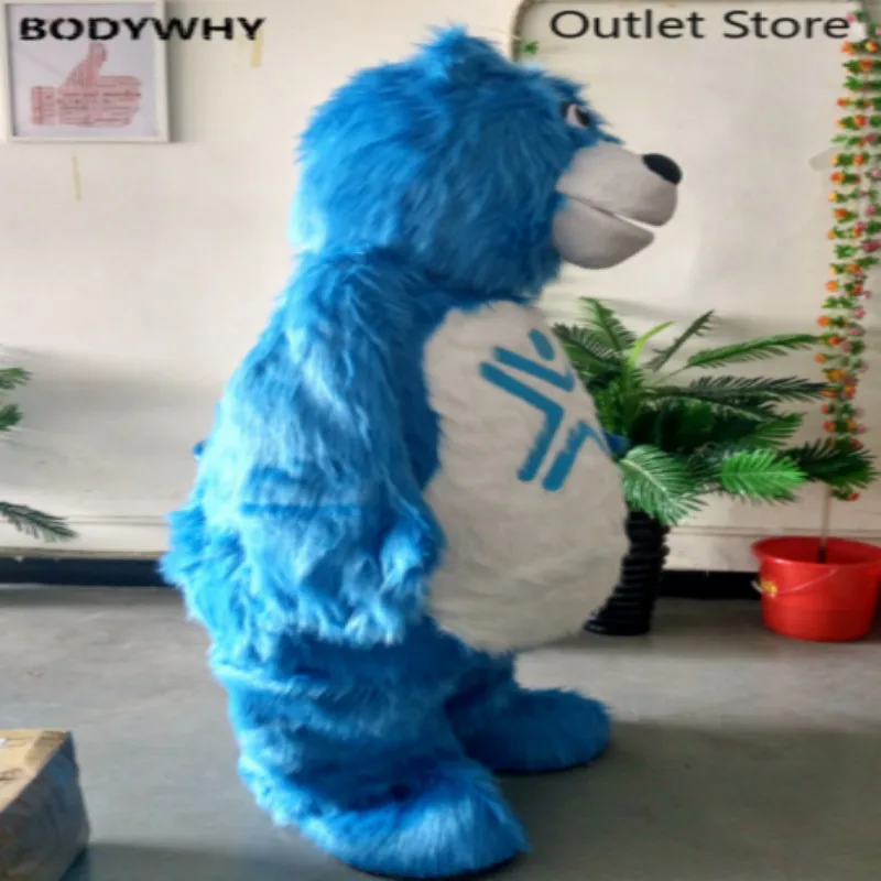 Синий длинный костюм талисмана с меховым медведем карнавальный пушистый на