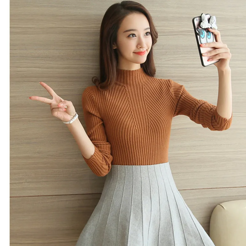 Модные женские свитера 2019 зимние пуловеры с высоким воротником однотонные Топы