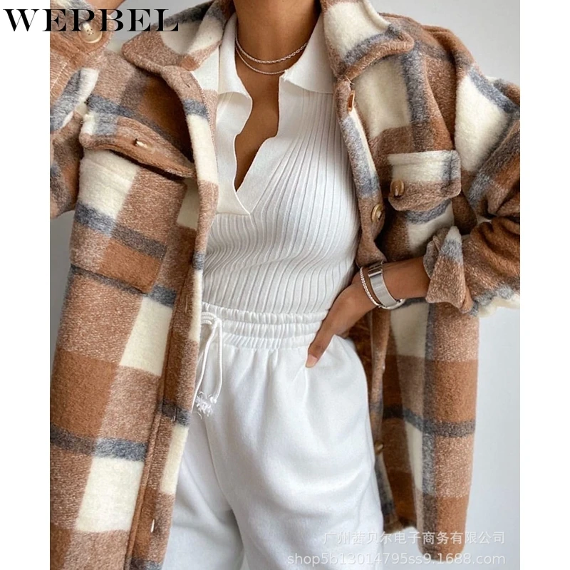 

WEPBEL Long Sleeve Coat Women's Loose Pockets Splicing Coat Autumn Winter Single-Breasted Plaid Turn-down Collar Cardigan Coat