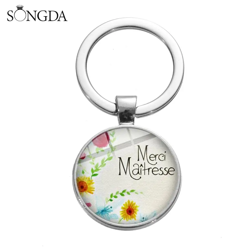 Fashion Merci Maitresse Keychain Creative French Letter Printed Glass Gem Bag Pendant Key Chain Handmade Gift for Teacher | Украшения и