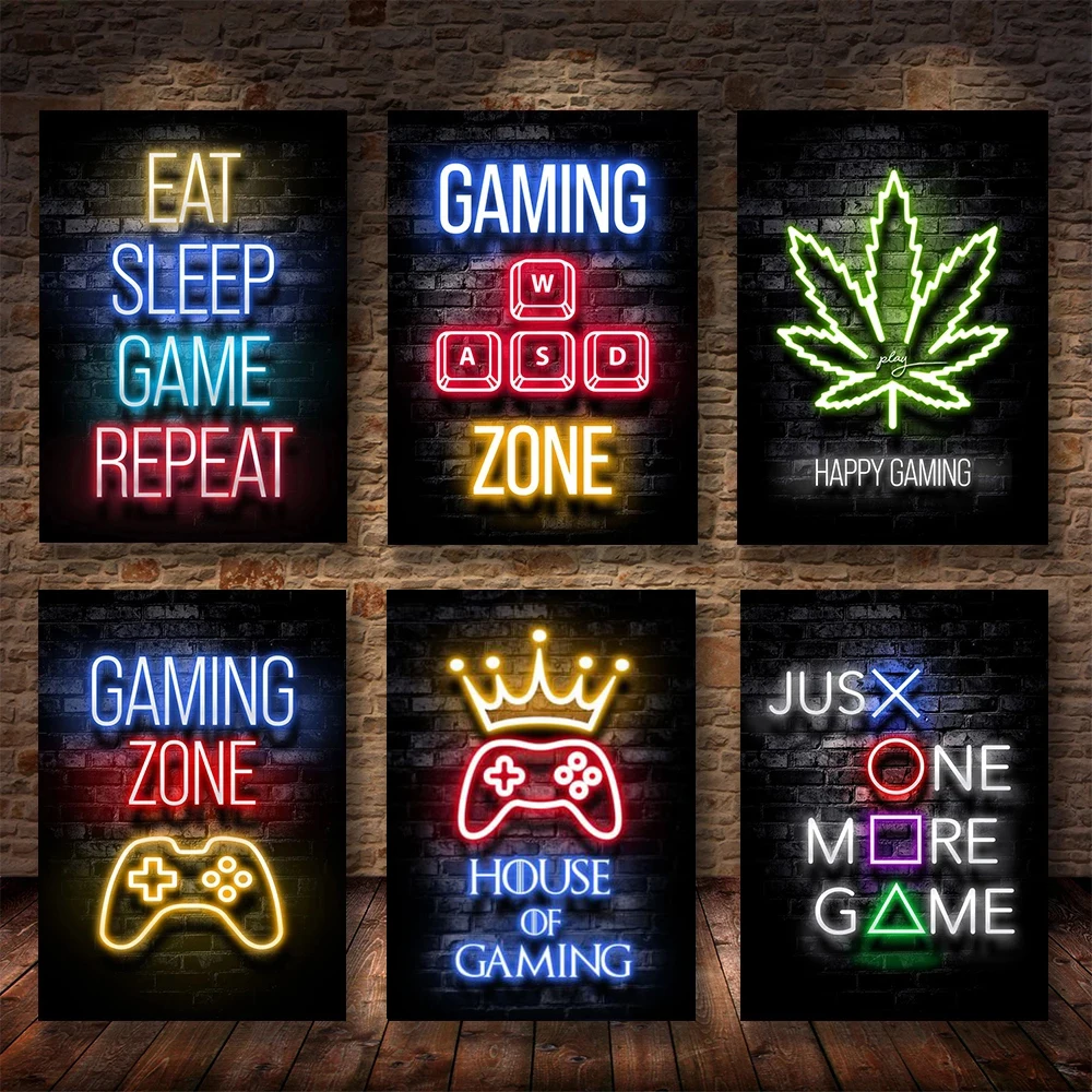 

Eat Sleep Game Repeat Gaming Wall Art Poster Gamer Canvas Painting Neon Poster Prints for Kids Boys Room Decor Picture Playroom