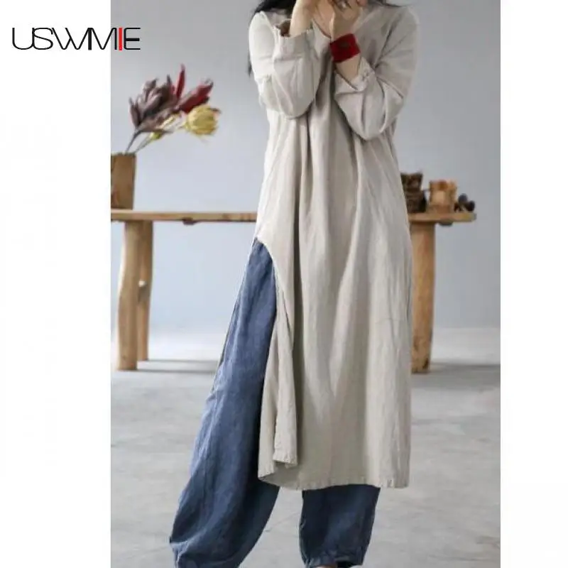 Осеннее платье в стиле ретро с длинным рукавом и v образным вырезом однотонное