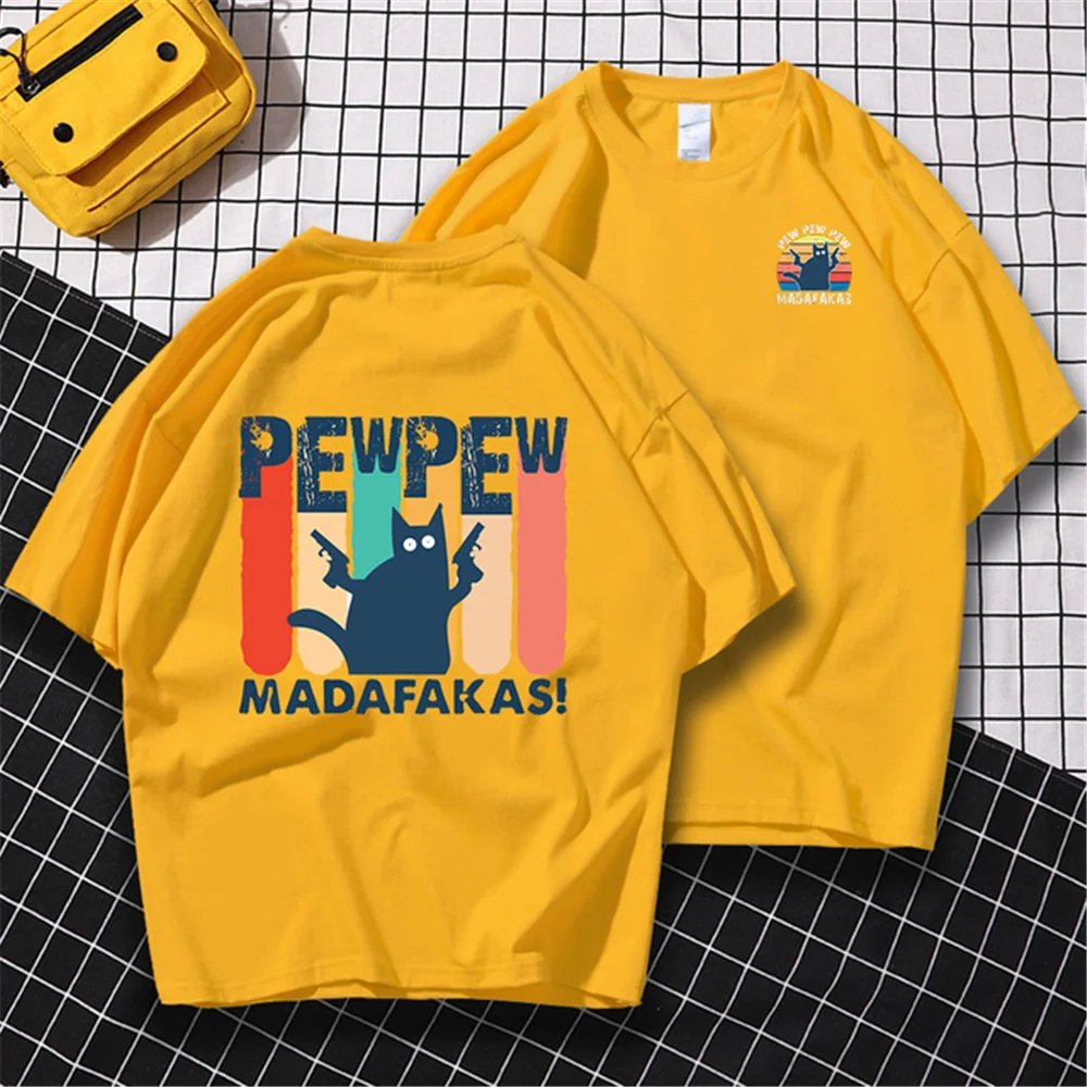 

100% Cotton Pew Pew Madafakas Cat Print Tshirt Men Top Tee Summer Casual Clothes Simplicity Sweat Mens Tshirts Crewneck