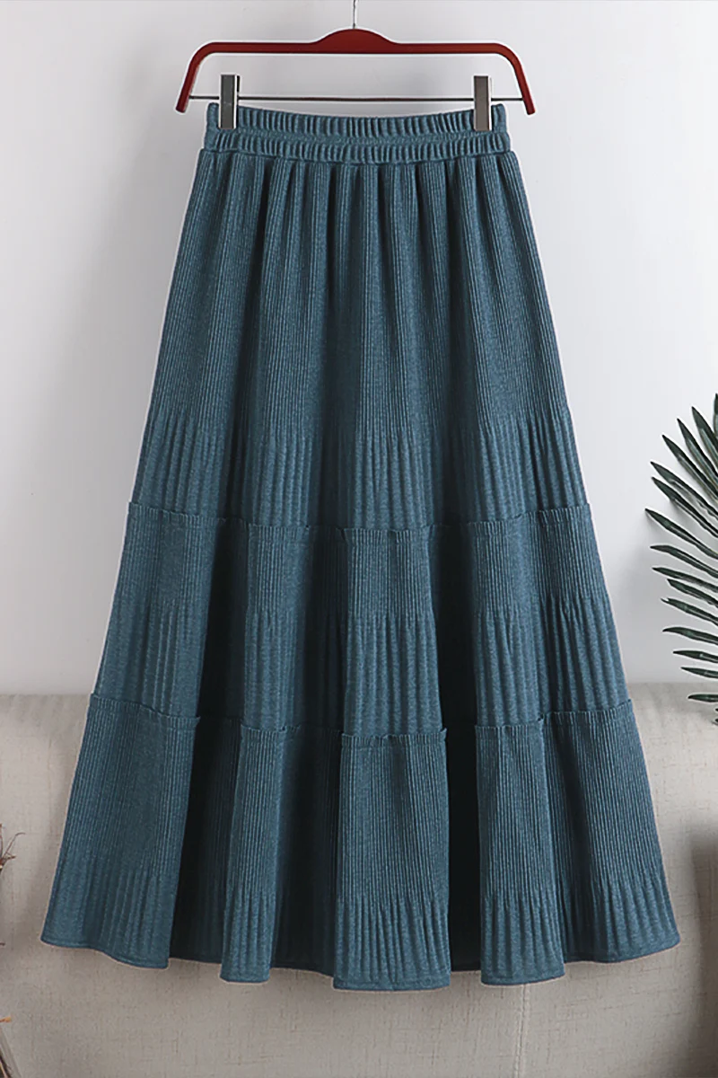 

Elastic Waist Knitted Pleated Skirt Autumn And Winter New High Waist Show Thin Splicing Skirt For Women