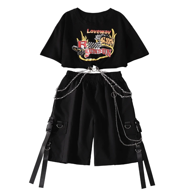 

Streetwear Chian T Shirt+ Chain Ribbon Cargo Shorts For Summer Female Loose Straight Casual Short Pants Elastic Waist Shorts
