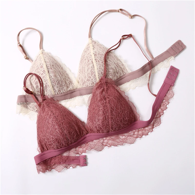 

Ladies French Lace Bra Women Sexy Triangle Cup Bras Deep V Wireless Soft Thin Seamless Bra Fashion Patchwork Lace Set For Female