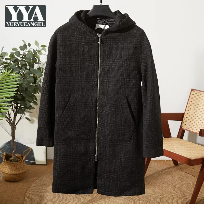 

Vintage Mens Autumn Winter Long Wool Coat Plaid Casual Streetwear Hoodie Woolen Blends Zip Man Loose Fit Windbreaker Trench Coat