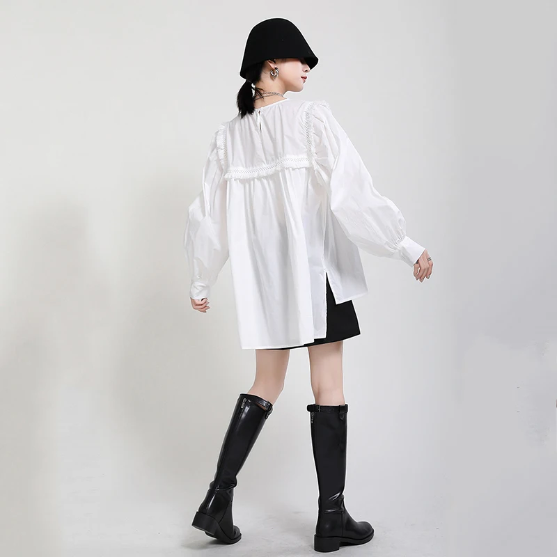 

[EAM] Women Tassel Irregular Spliced White Blouse New O-neck Long Sleeve Loose Fit Shirt Fashion Tide Spring Autumn 2021 1DD5191