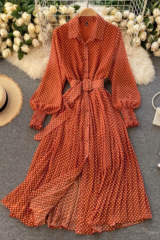 

Women Dress 2021 Spring Vintage French Elegant Long Sleeve Polka Dot Chiffon Vestidos Sashes A-Line Long Dress big shirt dress