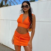orange sexy crop tops skirts 2 pieces sets women v neck halter cropped top and mini skirts elastic slim streetwear set