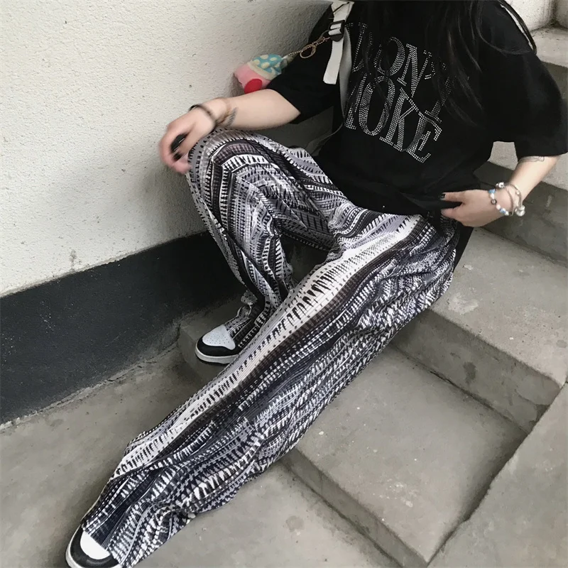 

Women's Pants 2021 Summer New Ink Ripple Streetwear Wide Leg Pants Baggy Casual Fashion Trouser Straight Mom High Waist Trouser