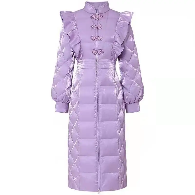 2021 Winter Mid-Length Cotton Coat Women Cheongsam Collar Elegant Vintage Disc Button Ruffle Lantern Sleeve Purple Cotton Jacket