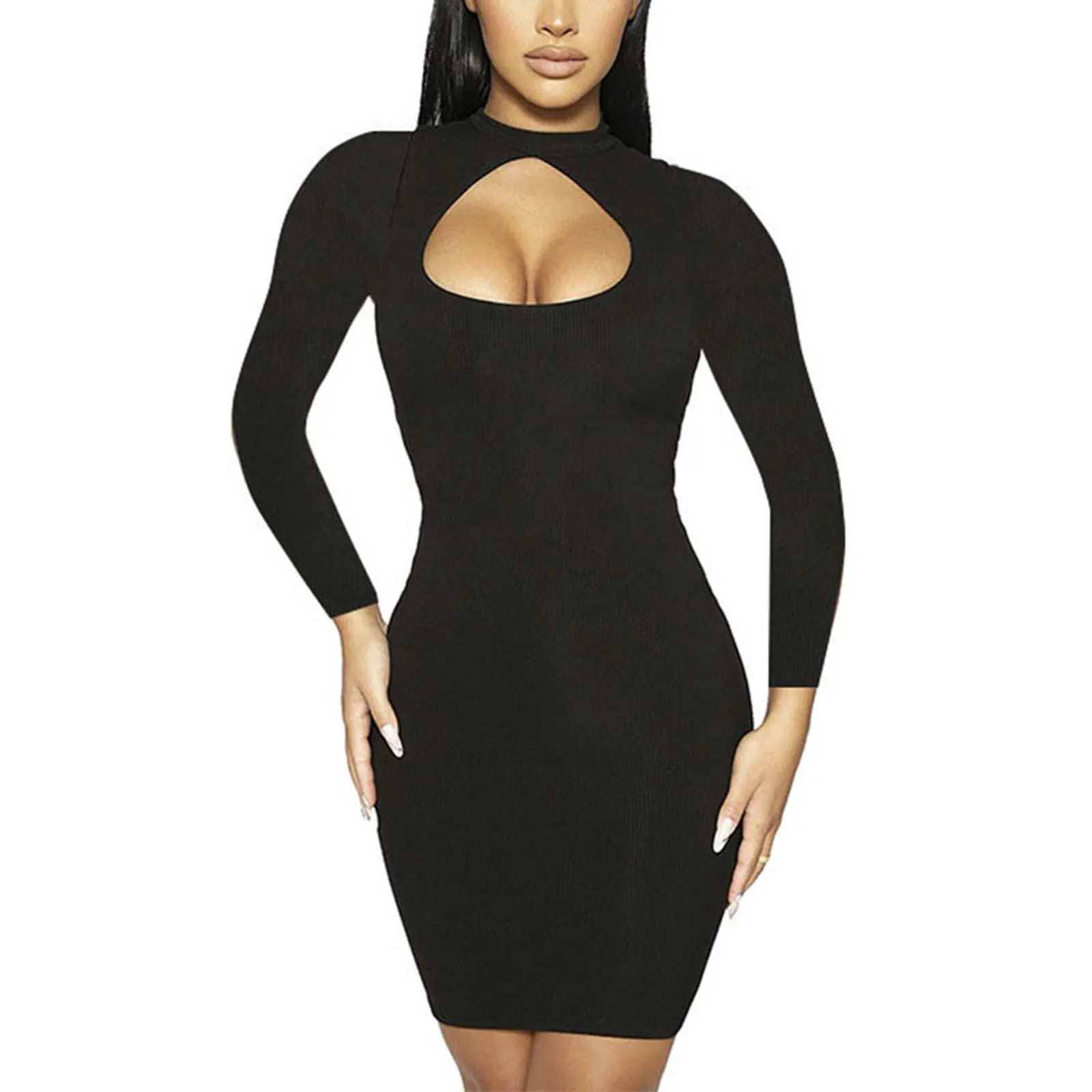 

Women Close-fitting Hollow Out Dress, Solid Color Tight Long Sleeve Round Collar Mini Pencil Dresses For Female , S/ M/ L/ XL
