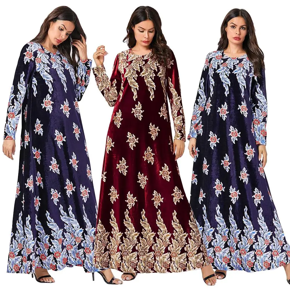 

Muslim Women Floral Print Velvet Long Maxi Dress Abaya Kaftan Jilbab Loose Robe Islamic Clothing Arab Ramadan Vintage Fashion