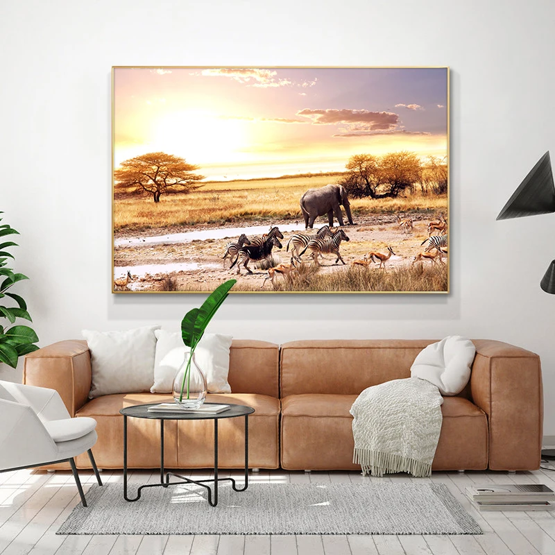 

African Elephant And Zebra Wild Animal Canvas Art Painting Posters and Prints Cuadros Wall Art Picture for Living Room Decor