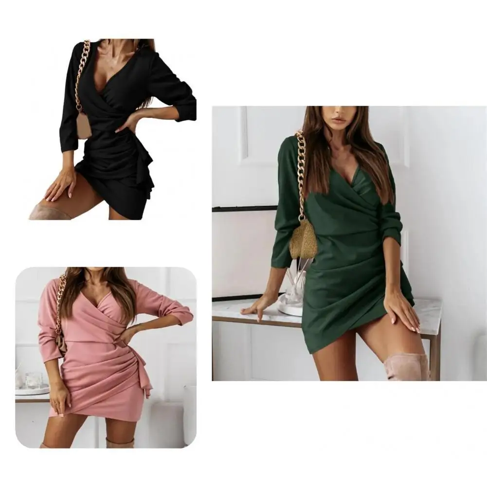 

Popular Women Dress Long Sleeve Summer Autumn Pure Color Short Dress Dress Women Dress