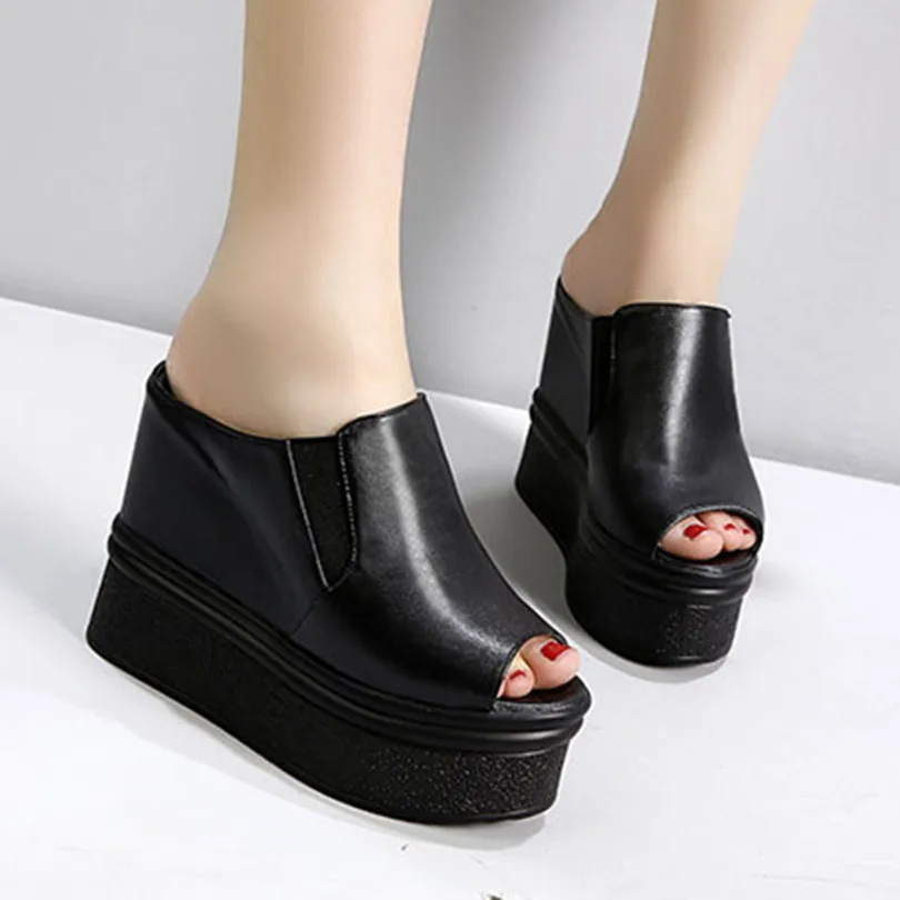 

New Outside Super High (8cm-up) WomenS Sandals Wedges Thick Platform Elastic band Peep-toe Ladies Slides Summer Modern Slippers