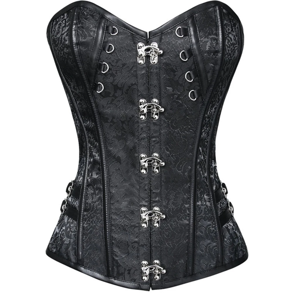 

Steampunk Waist Trainer Brocade Jacquard Faux Leather Studded Overbust Black Brown Corset Buckle Bustier Plus Size S-6XL