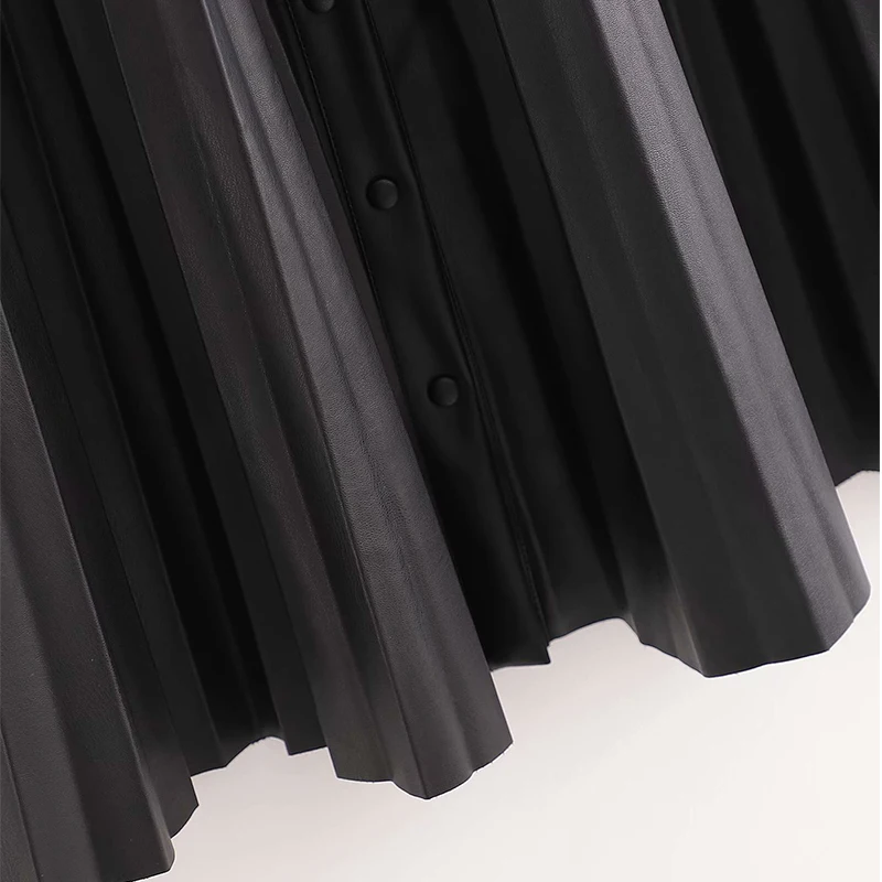 

Women Summer PU Pleated Skirts 2020 Buttons New Fashion Street Black Knee-Length Female Elegant A-Line Skirts Clothing
