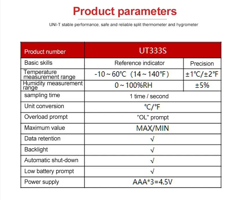 UNI-T UT333S Mini Temperature Hygrometer Sensor LCD Digital Thermometer Indicates LCD Backlight