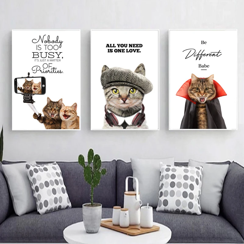 

Abstract Funny Cat Selfie Headset Cloak Poster Quote Nordic Wall Art Print Picture Canvas Painting Living Room Decoration