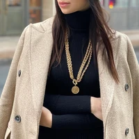 flashbuy gold color necklace for women vintage multi layer long chain metal portrait coin pendant necklace fashion jewelry
