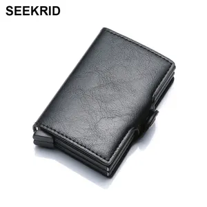 seekrid classic mens twin metal card holder rfid blocking leather business credit cardholder double aluminium case mini wallet free global shipping