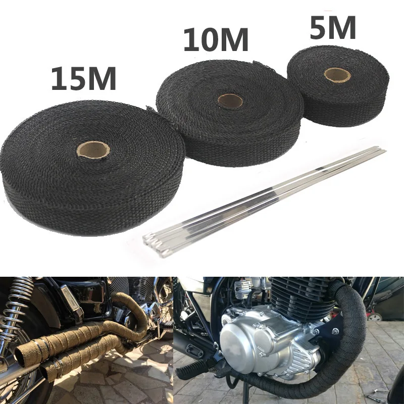 

5M/10M/15M Motorcycle Exhaust Thermal Tape Header Heat Wrap Manifold Insulation Roll Resistant with Stainless Ties