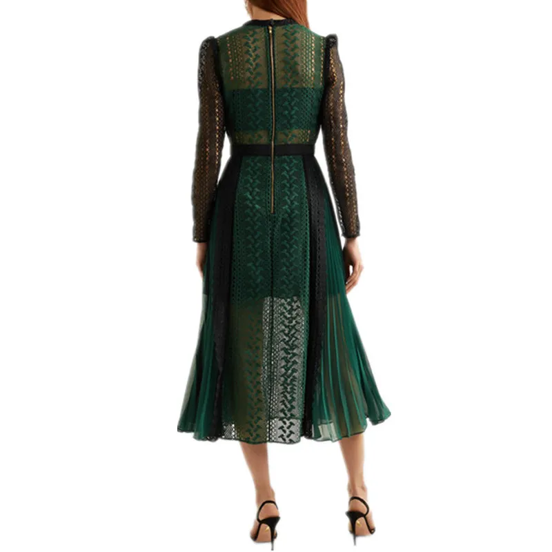 Женское шифоновое платье-Автопортрет зеленое Плиссированное кружевное платье с