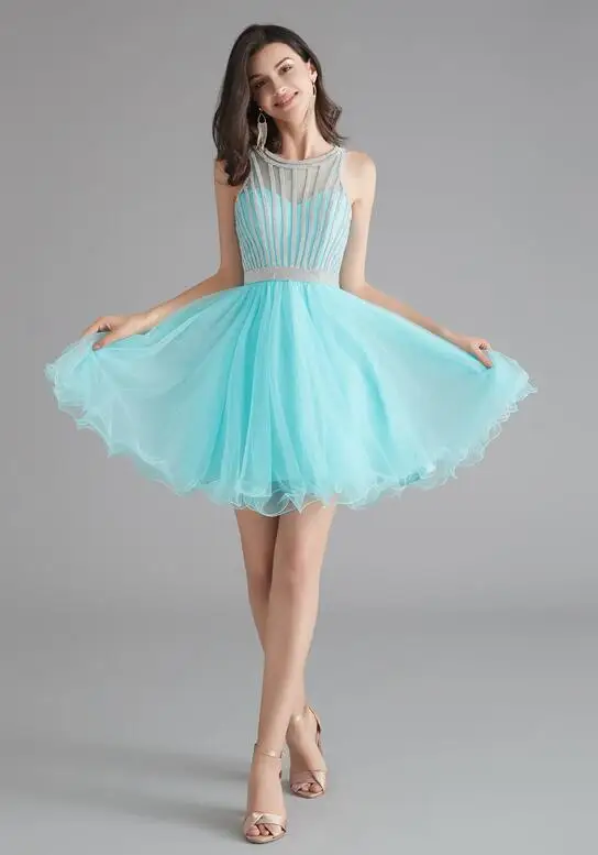 Picture Light Blue Выпускное платье цвета шампанского г. Ходить рядом с вами выше колена трапециевидной формы с круглым вырезом без рукавов Кристальные милые вечерние праздничные платья для девочек - Цвет: Picture Light Blue