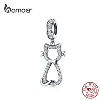 bamoer cat kitty pendant charm 925 sterling silver clear cz watting pet charms fit for silver snake bracelet 3mm scc1162
