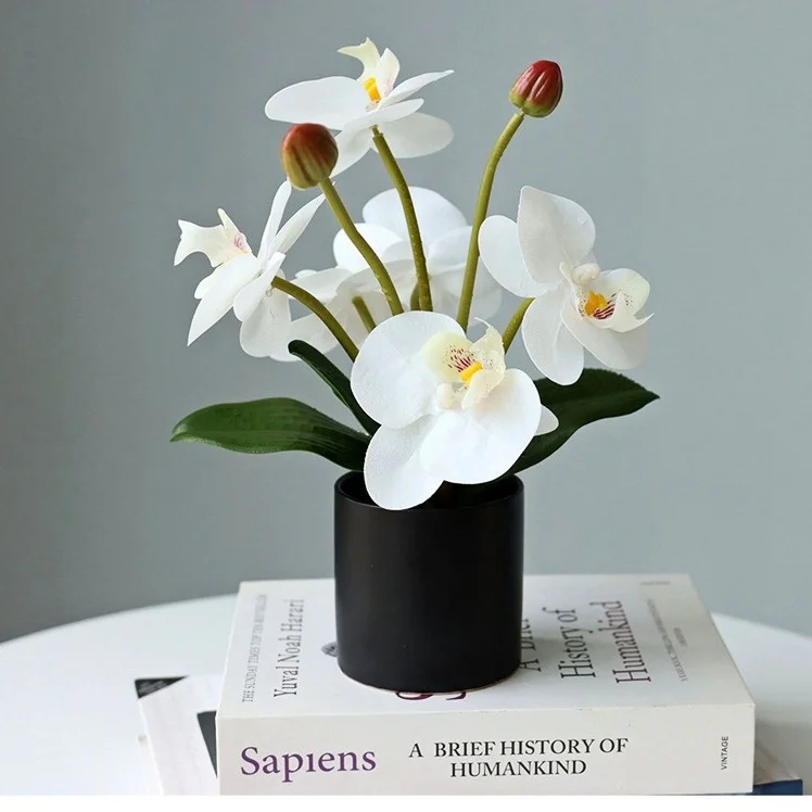 

6 Heads of 28cm Hand-feeling Phalaenopsis with Leaves, Artificial Flowers, Potted Ornaments, Home Decoration Flower Arrangements