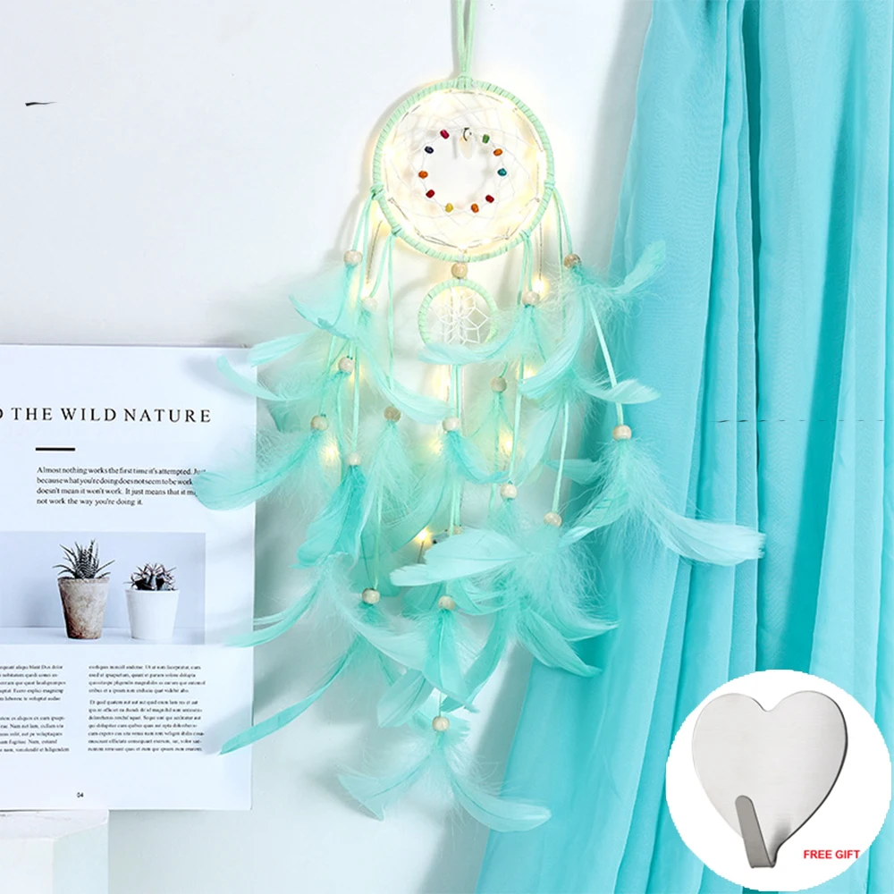 F With light Настенный Ловец снов, светодиодный ручной работы, перо, Ловец снов, плетеный колокольчик, искусство для Ловец снов, подвесной автомобиль, украшение для дома - Цвет: F With light