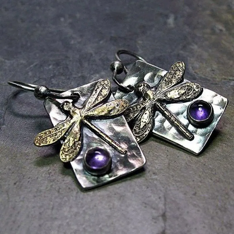 

Vintage Dragonfly Earrings for Women Purple Cat's Eye Stone Hanging Drop Earrings Female Engagement Wedding Jewelry Gifts
