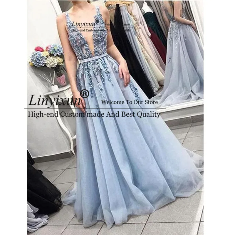 

Sexy V-Neck Appliques Lace Beading Blue Prom Dresses Long 2020 Backless Tulle A-line Evening Dress Vestido De Festa Longo